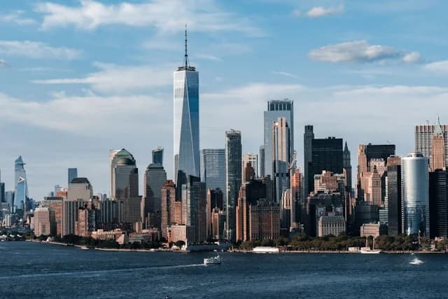 The Lower Manhattan skyline at dusk