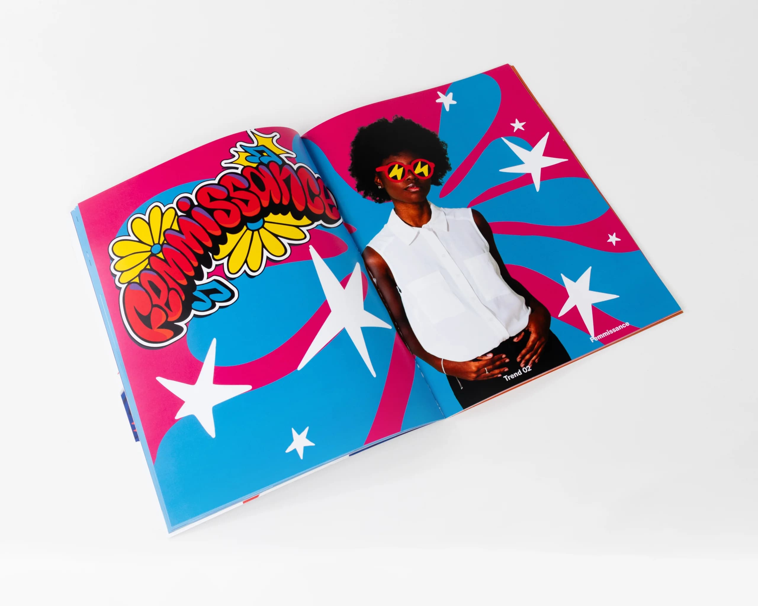 Full-page magazine spread with bold graphics and photography