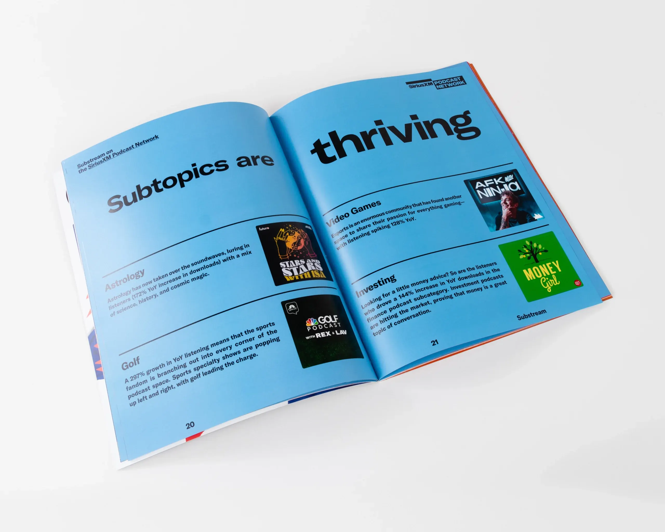 Open magazine spread with blue background and trend content layout