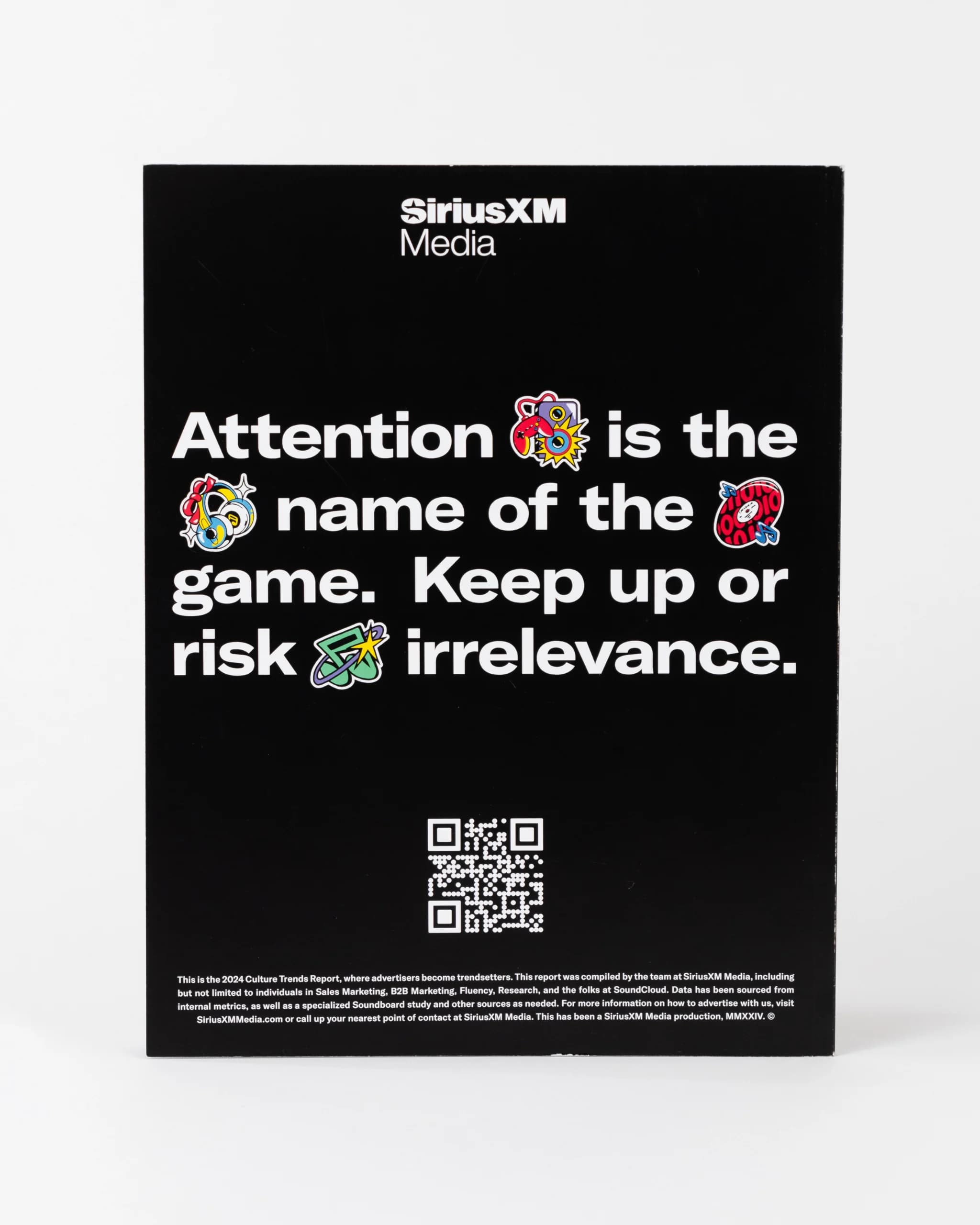 Culture magazine back cover with bold typography and QR code
