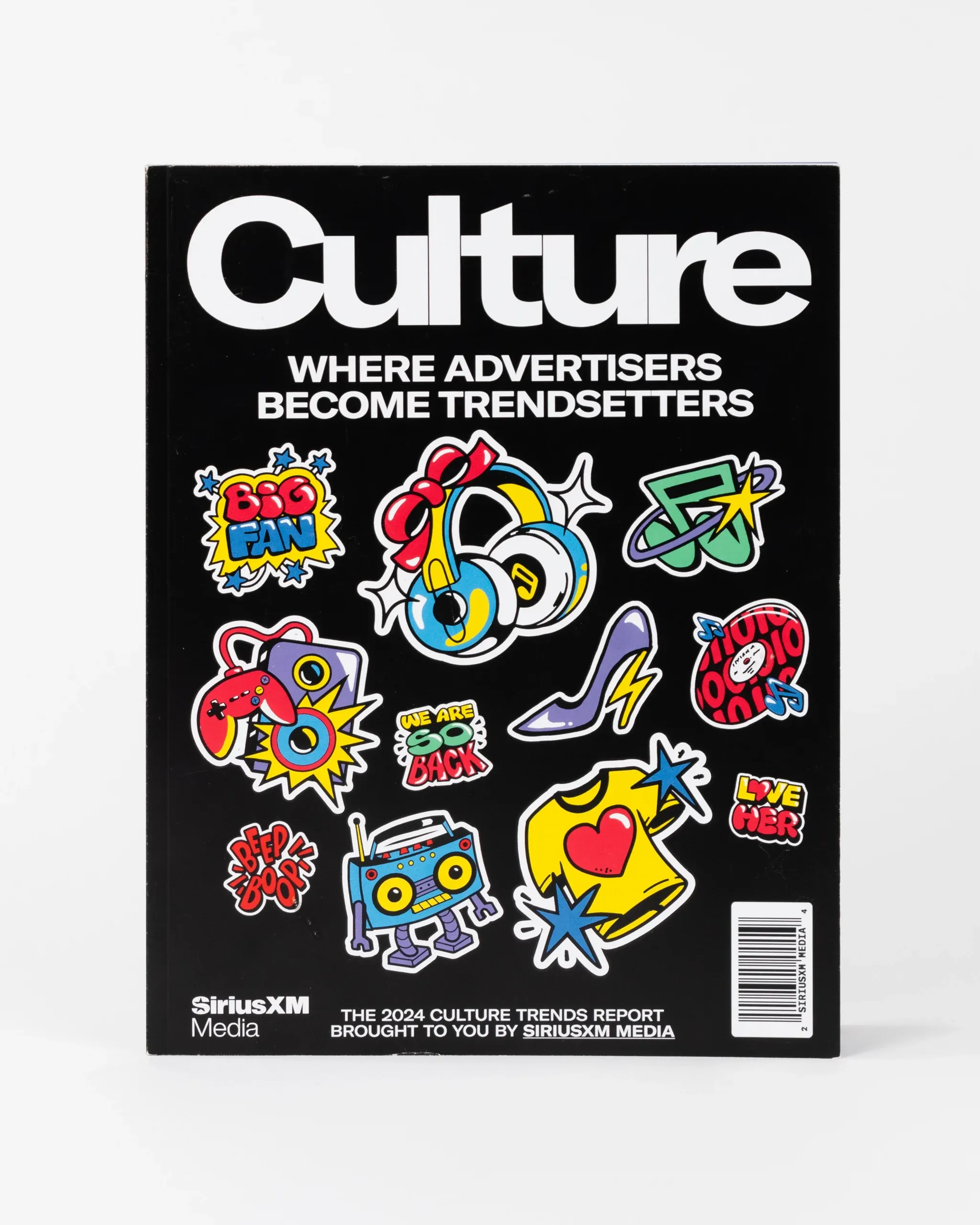 Culture magazine cover with bold title and sticker-style graphics