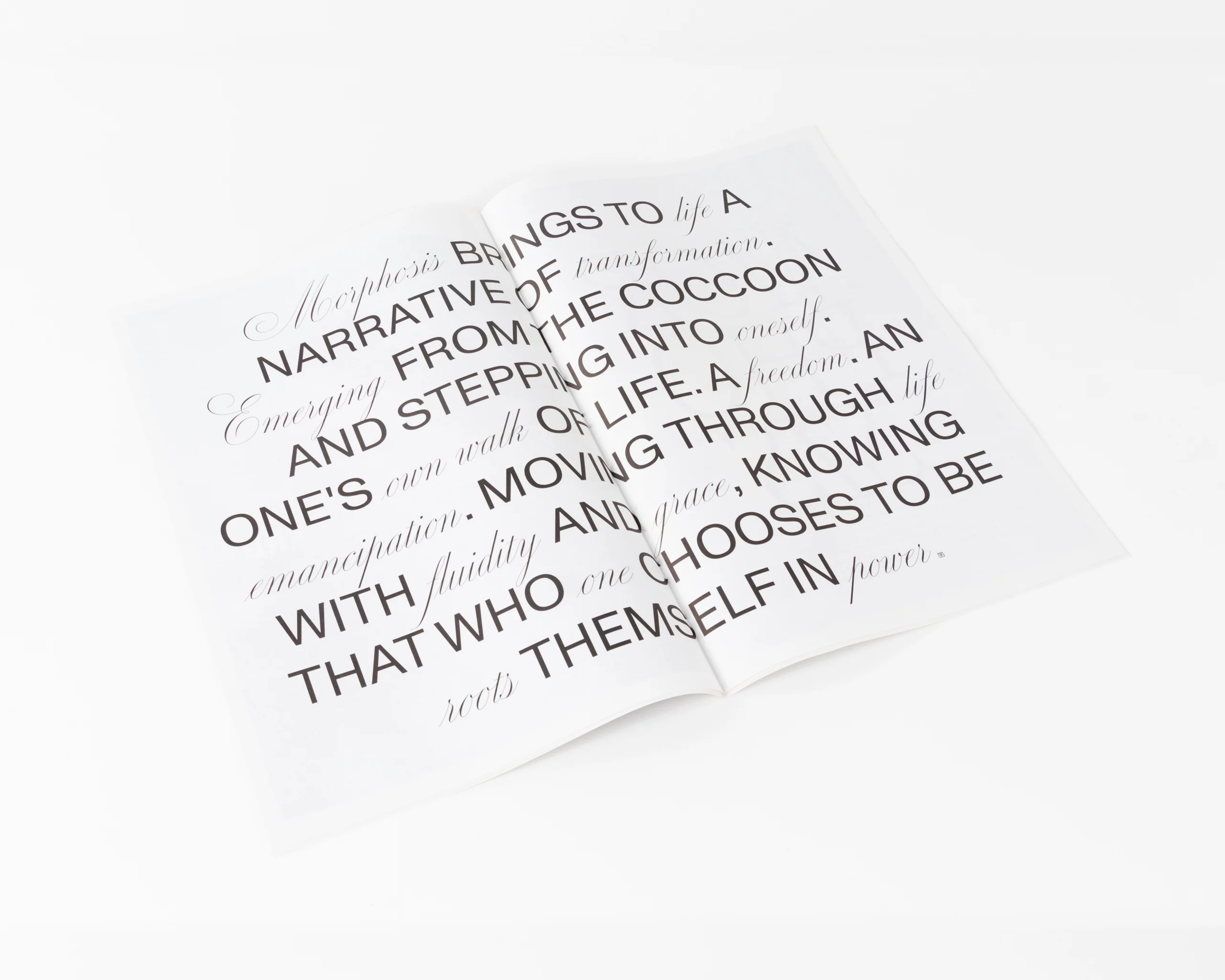 Open lookbook spread with bold oversized typography
