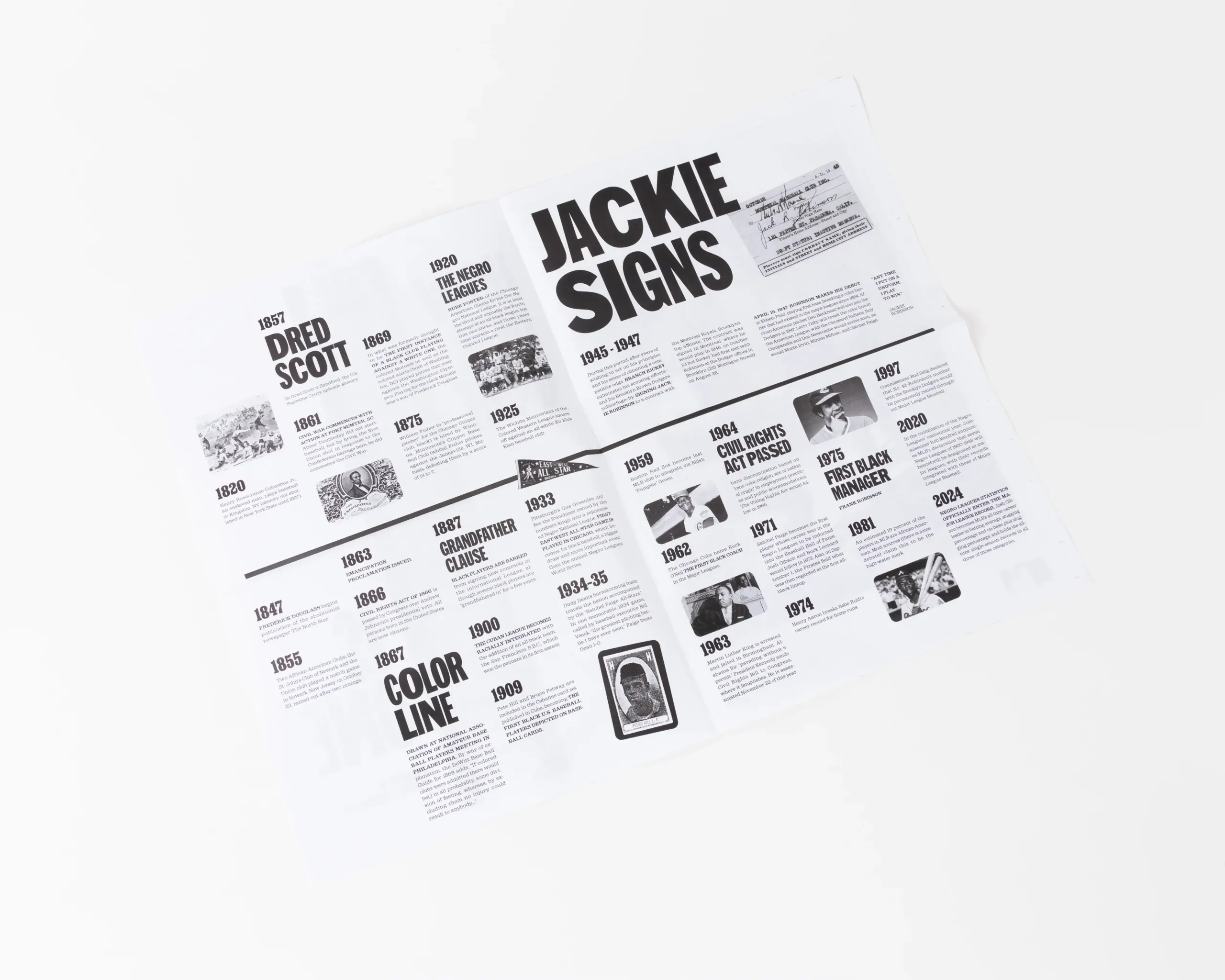 Open newspaper spread with historical baseball timeline and images