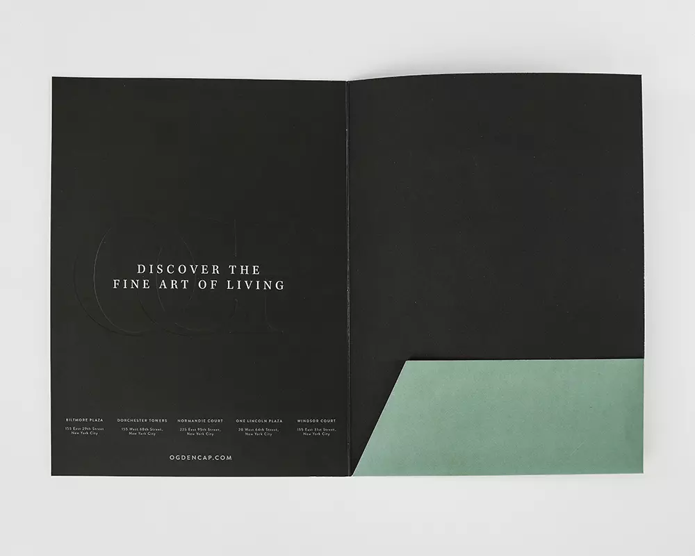 An elegant custom folder printing job completed for Ogden Capital with a contrasting pocket color.
