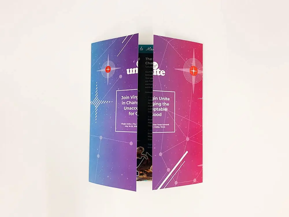 A gatefold brochure printing project completed for Virgin Unite