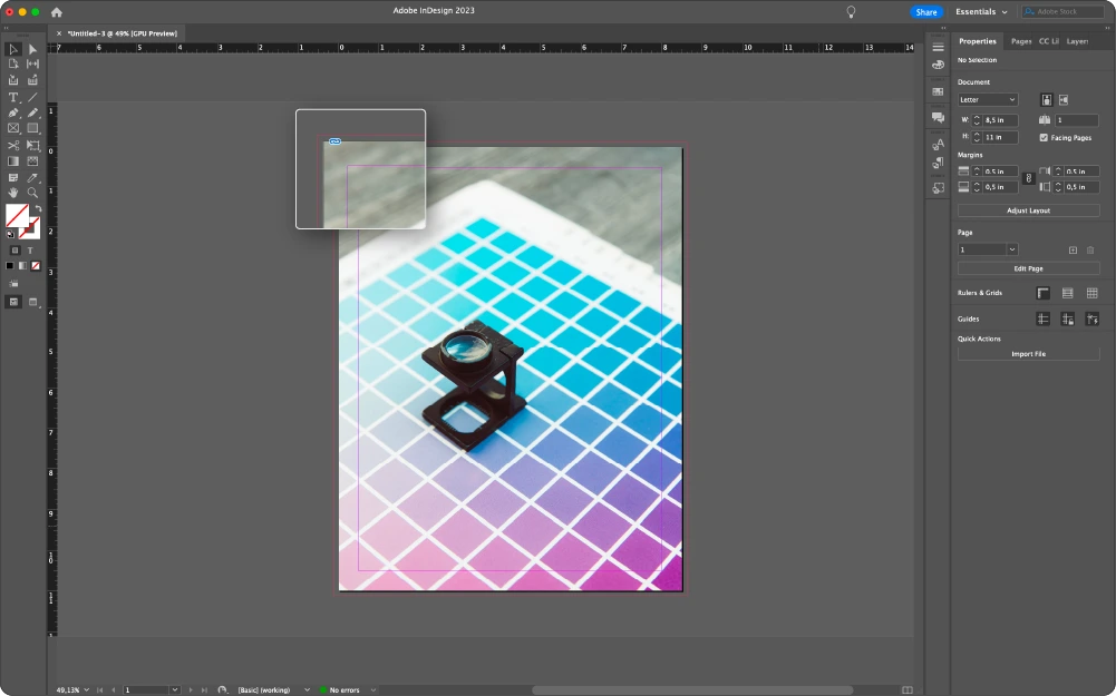 InDesign page with artwork stopping inside the bleed guide example for Full Bleed Printing Instructions: How to Print Without Margins