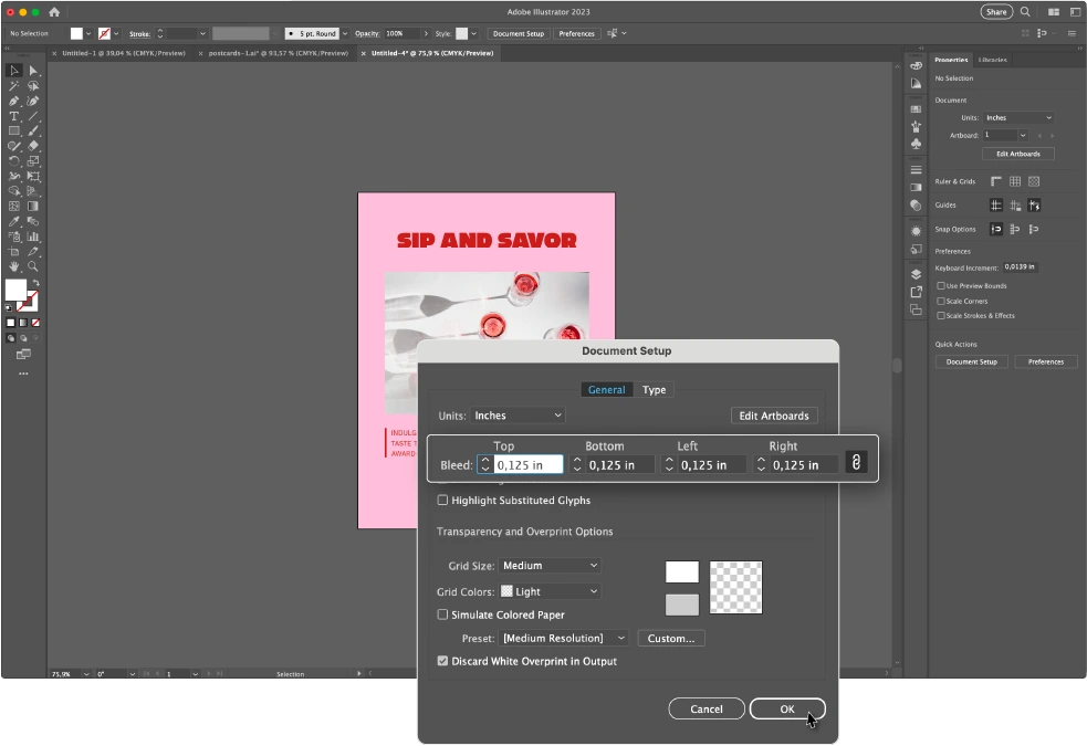 Illustrator document setup dialog with bleed inputs example for Full Bleed Printing Instructions: How to Print Without Margins