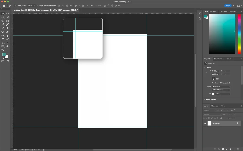 Photoshop document showing bleed guides around the artboard example for Full Bleed Printing Instructions: How to Print Without Margins