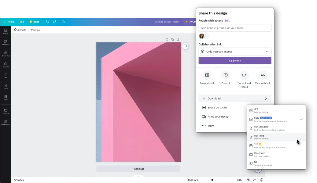 Canva download menu with PDF print selected example for Full Bleed Printing Instructions: How to Print Without Margins