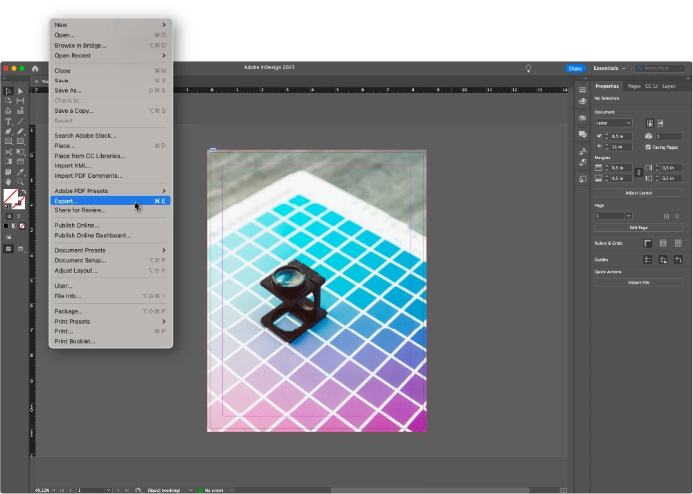 InDesign PDF export menu for printer marks and bleed settings example for Full Bleed Printing Instructions: How to Print Without Margins