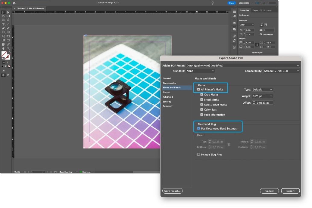 InDesign bleed and slug export settings for a print PDF example for Full Bleed Printing Instructions: How to Print Without Margins