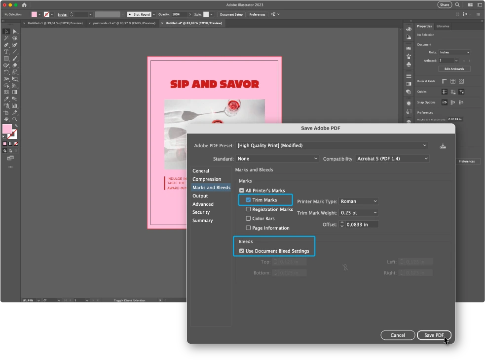 Illustrator marks and bleed settings for saving a print PDF example for Full Bleed Printing Instructions: How to Print Without Margins