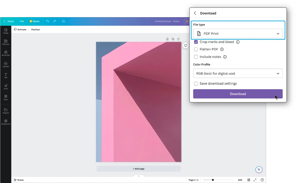 Canva crop marks and bleed download setting example for Full Bleed Printing Instructions: How to Print Without Margins