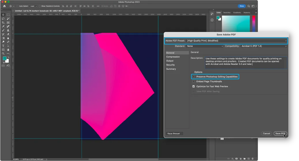 Photoshop PDF settings with editing capabilities unchecked example for Full Bleed Printing Instructions: How to Print Without Margins