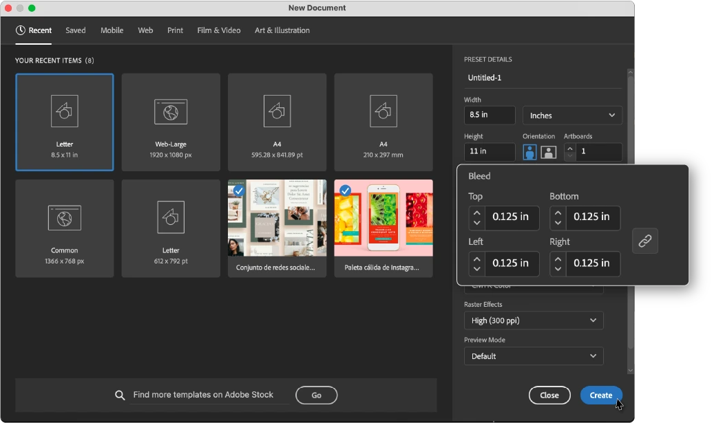 Illustrator new document dialog with bleed settings example for Full Bleed Printing Instructions: How to Print Without Margins
