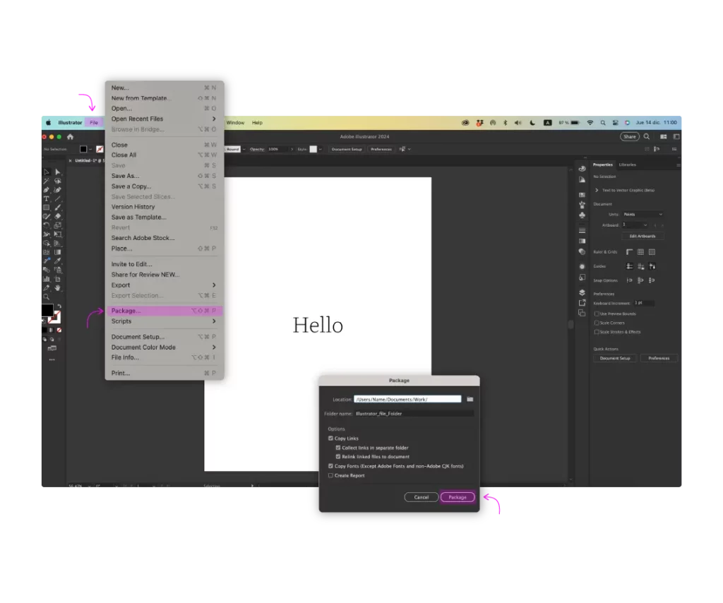 Illustrator package dialog for collecting linked assets and fonts example for How to Embed Fonts in Your Design Files for Correct Printing
