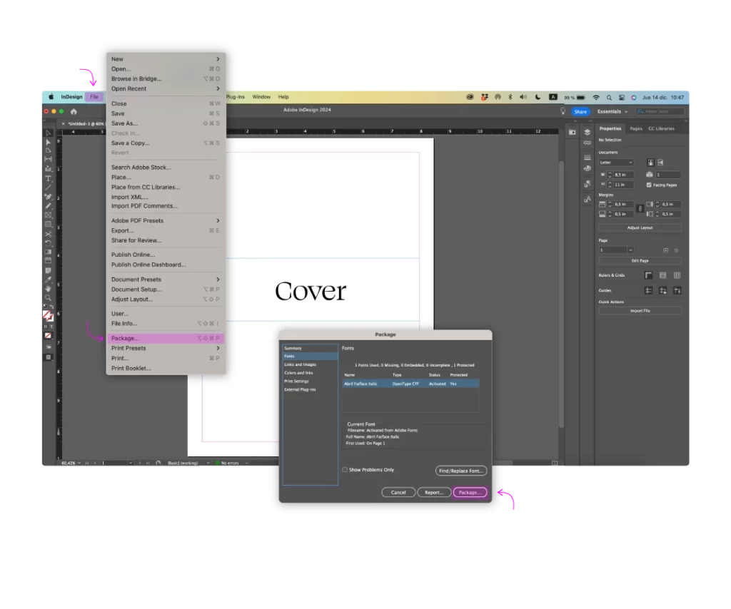 InDesign package dialog for collecting print files example for How to Embed Fonts in Your Design Files for Correct Printing