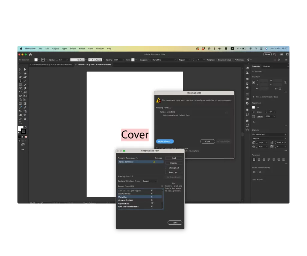Missing fonts warning in a design file example for How to Embed Fonts in Your Design Files for Correct Printing