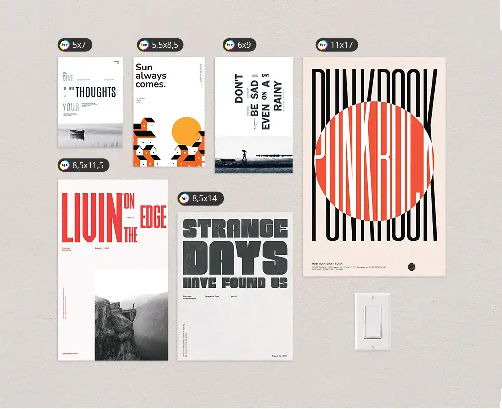 A visual overview of several common flyer sizes, displayed next to one another to provide the viewer with a sense of scale. The included sizes are 5 x 7 inch flyers, 5.5 x 8.5 inch flyers, 6 x 9 inch flyers, 8.5 x 11 inch flyers, 8.5 x 14 inch flyers, and 11 x 17 inch flyers.