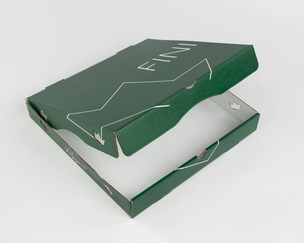 A custom cardboard packaging box for FINI pizza on a white background.