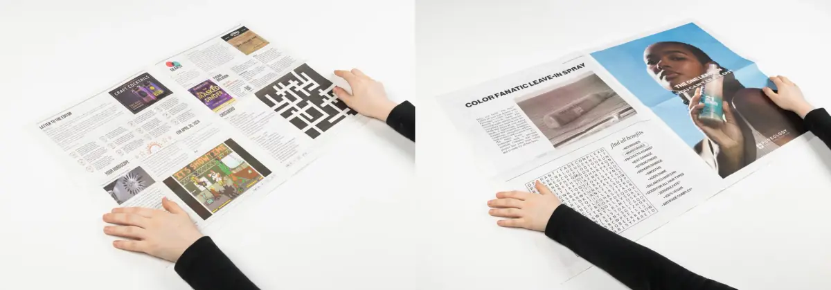 A folded broadsheet newspaper laying next to a folded tabloid newspaper showing their size differences.