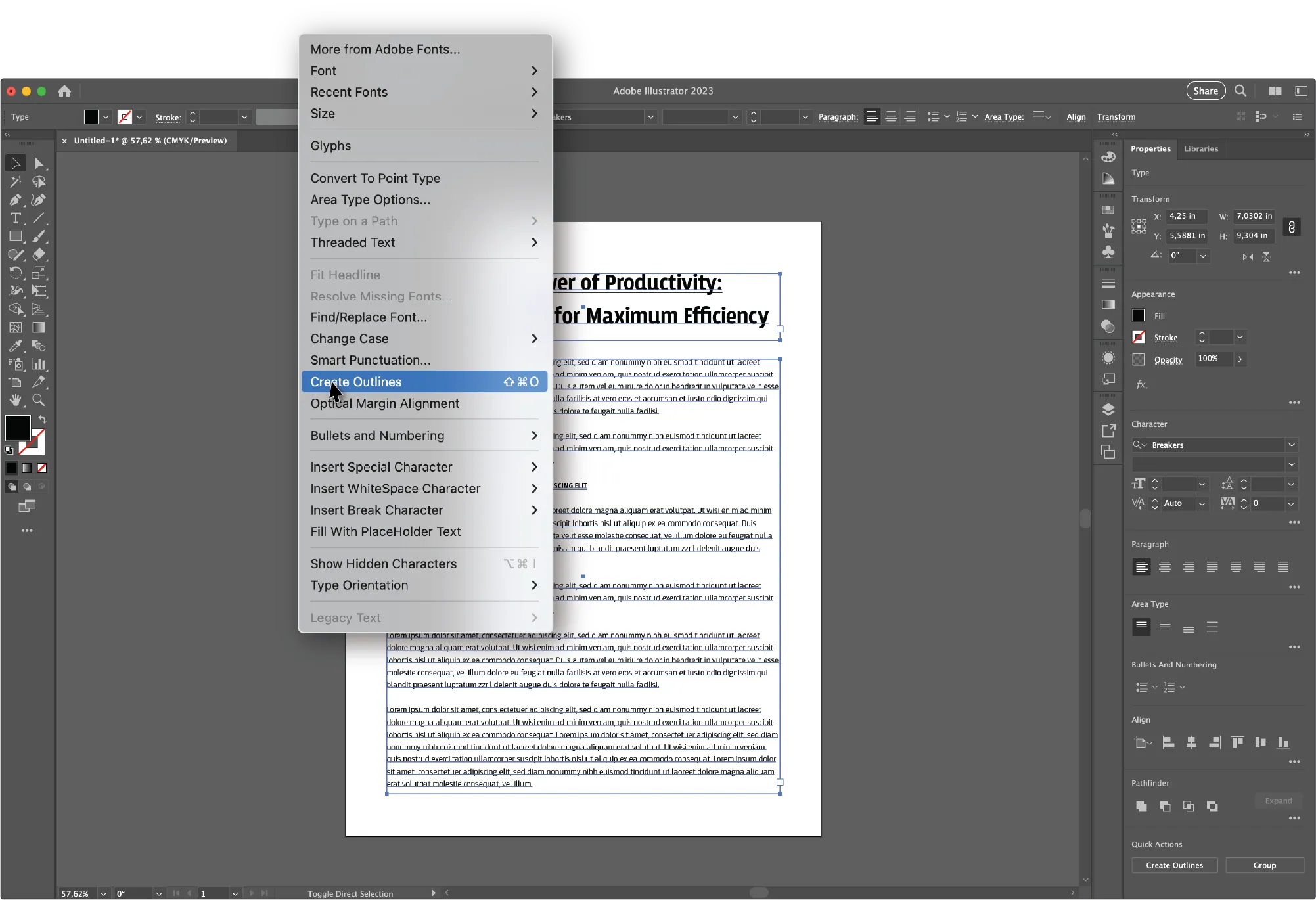 Create outlines command selected for print-ready text example for How and Why to Outline Text in Photoshop, Illustrator and InDesign