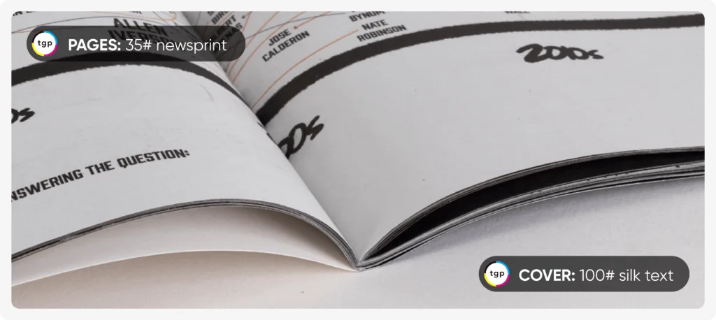 Detail of a magazine showing the difference of newsprint paper vs text paper