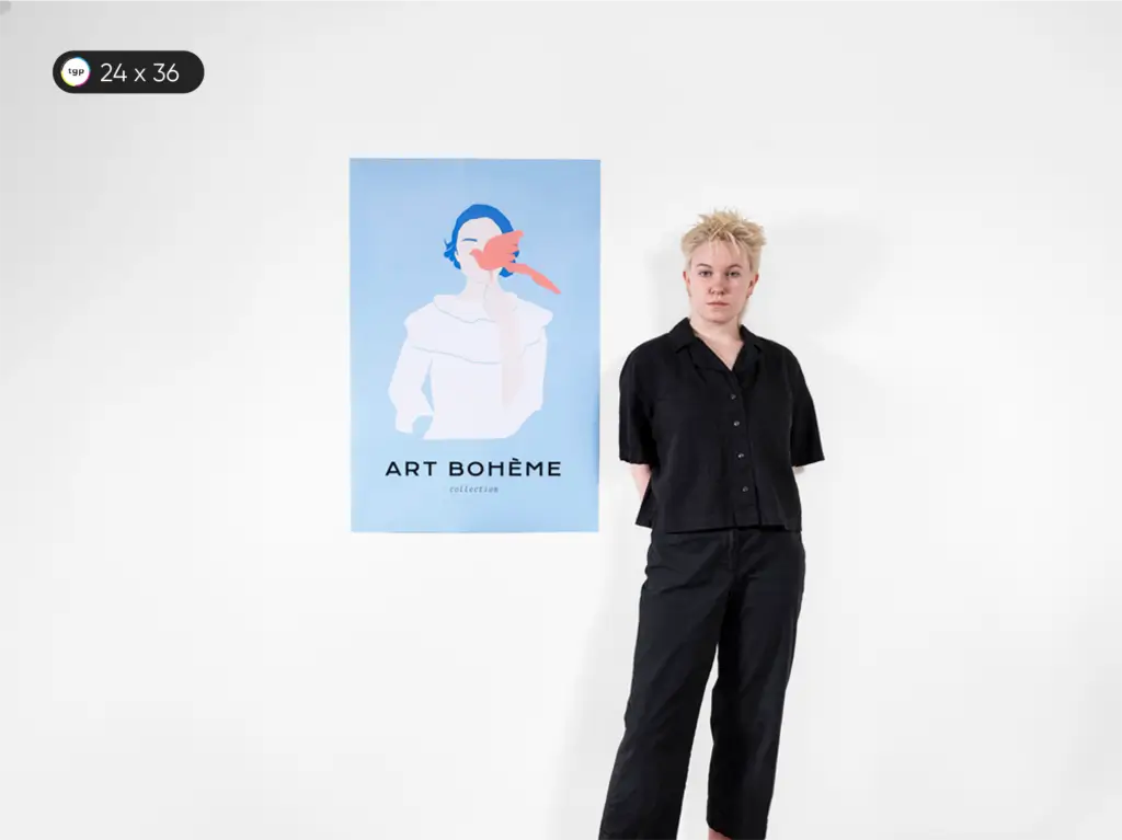Model standing beside a 24 x 36 inches or A1 size poster, also known as Large Poster. The size of the poster is similar to a large painting.