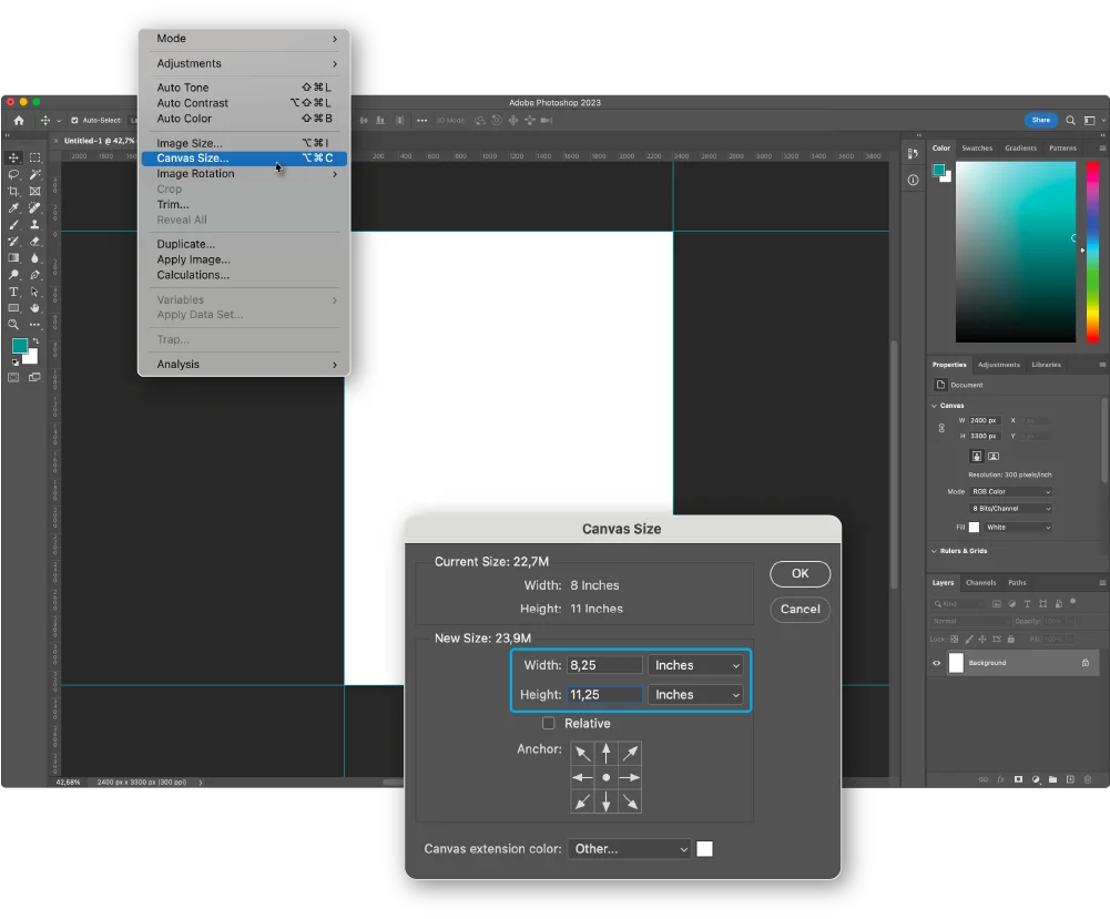 Photoshop canvas size dialog for extending artwork to bleed example for Full Bleed Printing Instructions: How to Print Without Margins