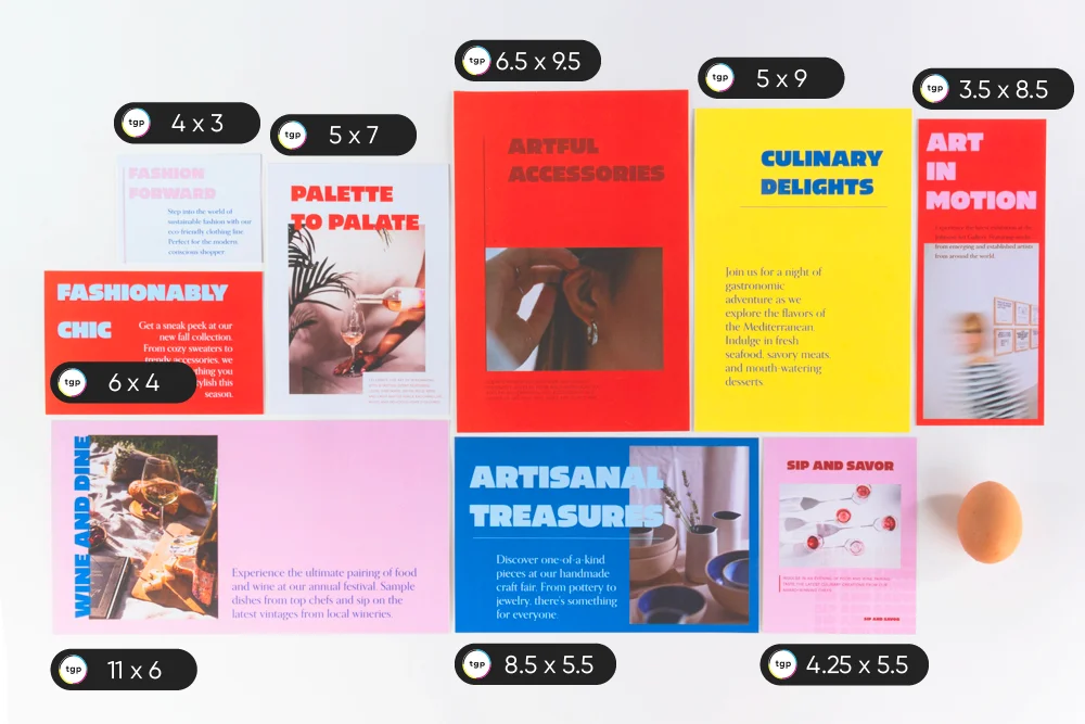 A visual comparison of standard postcard sizes: 3x4, 3.5x8.5, 4.25x5.5, 4x6, 5x7, 5.5x8.5, 6x9, 6.5x9.5, and 6x11.