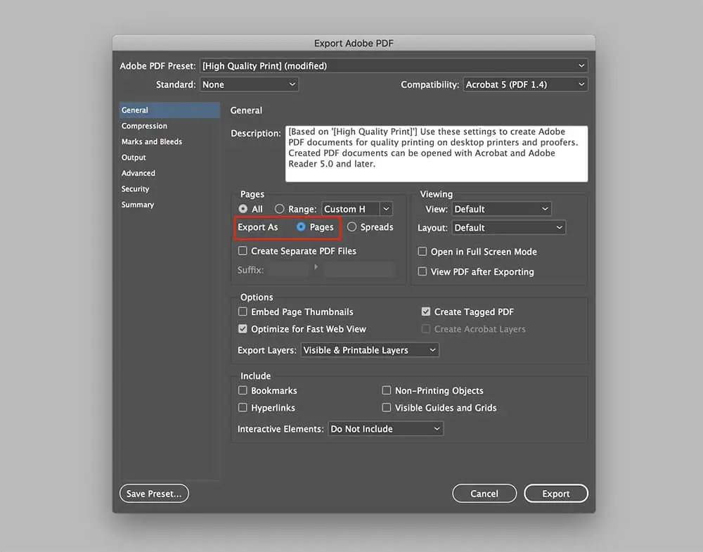 How to export a pdf as separate pages