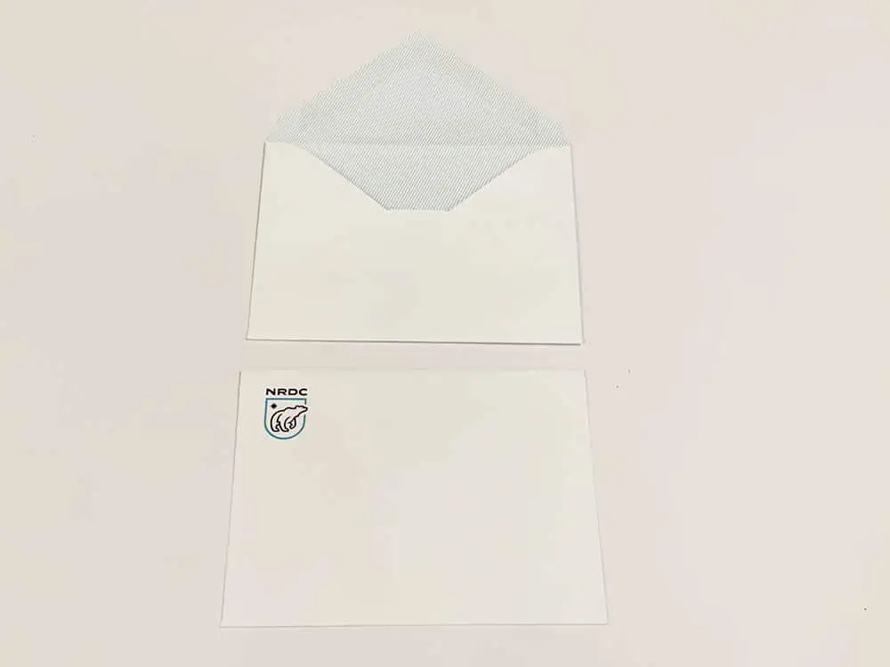 Example of a converted envelope printed for NRDC. Converted envelopes are printed inside and out, making for a polished and official aesthetic.