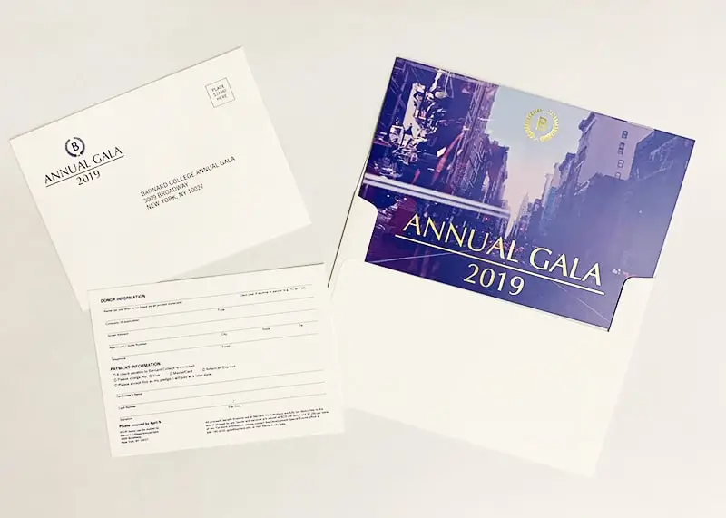 An example of a direct mail invitation with gold foil stamping. Printed for Barnard College