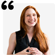 Woman smiling with quotation marks above her head